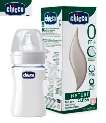 Chicco Nature Glass 150ml Bottle - Silicone Flow Chicco Nature Glass 150ml Bottle - Silicone Flow