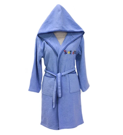 Nova embroidered Bath Robe Plain/Sea- Blue - 6-8 years