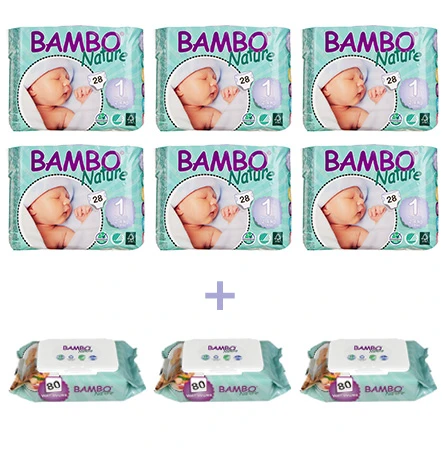 6x Bambo Nature New Born 1 (2-4 Kg) + 3x Bambo Nature Wet Wipes x80