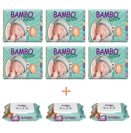 6x Bambo Nature Premium Baby Diapers, Size 0, 24 Count 3x Bambo Nature Wet Wipes x80 6x Bambo Nature Premium Baby Diapers, Size 0, 24 Count 3x Bambo Nature Wet Wipes x80