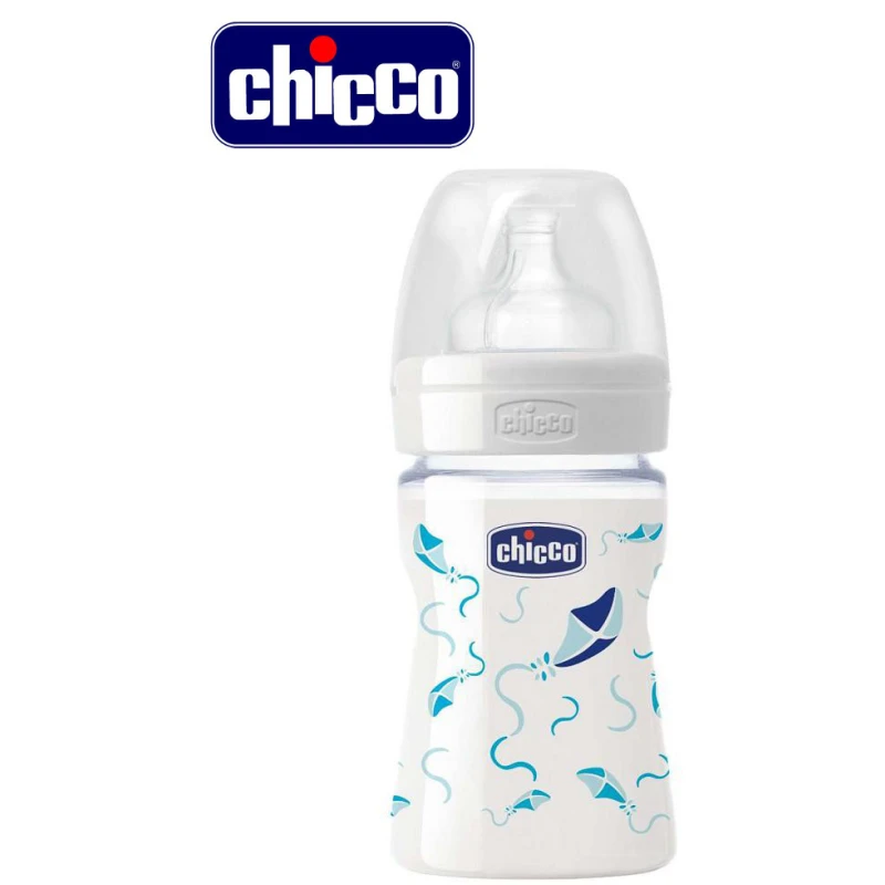 CHICCO - Biberon verre 150ml tetine flux normal bleu 0m+ - تشيكو