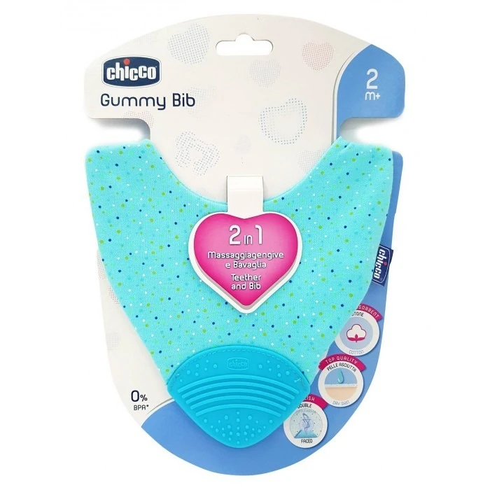 Chicco Gummy Bib Teething Ring with Bib 2 In 1 Blue  2m+ - تشيكو
