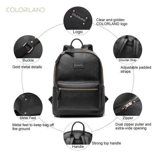 Colorland Fashion Travel Bag Organizer Backpack Diaper Bag Mummy Bag PU Leather - Black - كولورلاند - Image 6