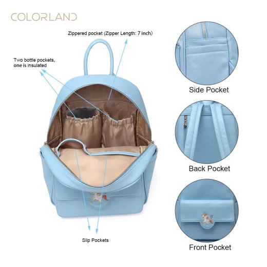 Colorland Diaper Bag Fashion Multi functional Double Shoulder Unicorns Embroidered Mommy Bag - Blue - كولورلاند - Image 2