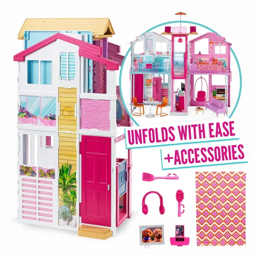 Barbie Three-Story Town House Colourful and Bright Doll House that Comes with Furniture and Accessories, Playset - باربي - Image 9