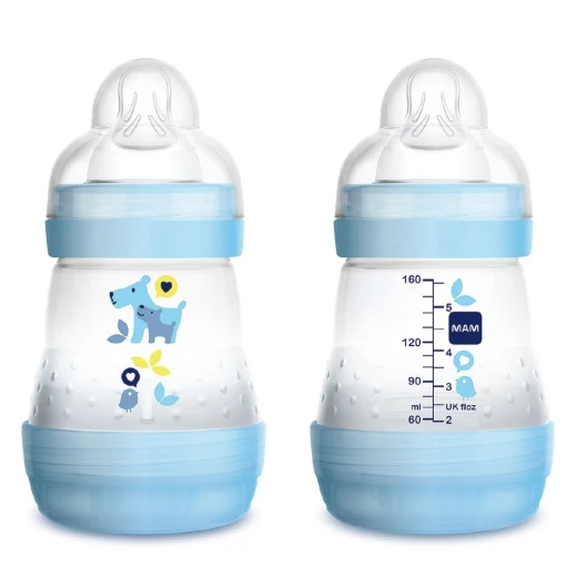 MAM Easy Start Self Sterilising Anti-Colic Bottle, Slow Flow (Designs May Vary) - 160 ml, 1 Bottle Only - أزرق MAM Easy Start Self Sterilising Anti-Colic Bottle, Slow Flow (Designs May Vary) - 160 ml, 1 Bottle Only - أزرق