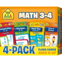 School Zone Math Flash Cards 4 Pack Bundle: Multiplication, Division, Telling Time & Managing Money for Grades 3 & 4 Students