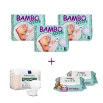3x Bambo Nature Size 1 (2-4Kg), 28 Count + 2x Bambo Nature Wet Wipes 80 count 1x maternity pad - بامبو ناتشور