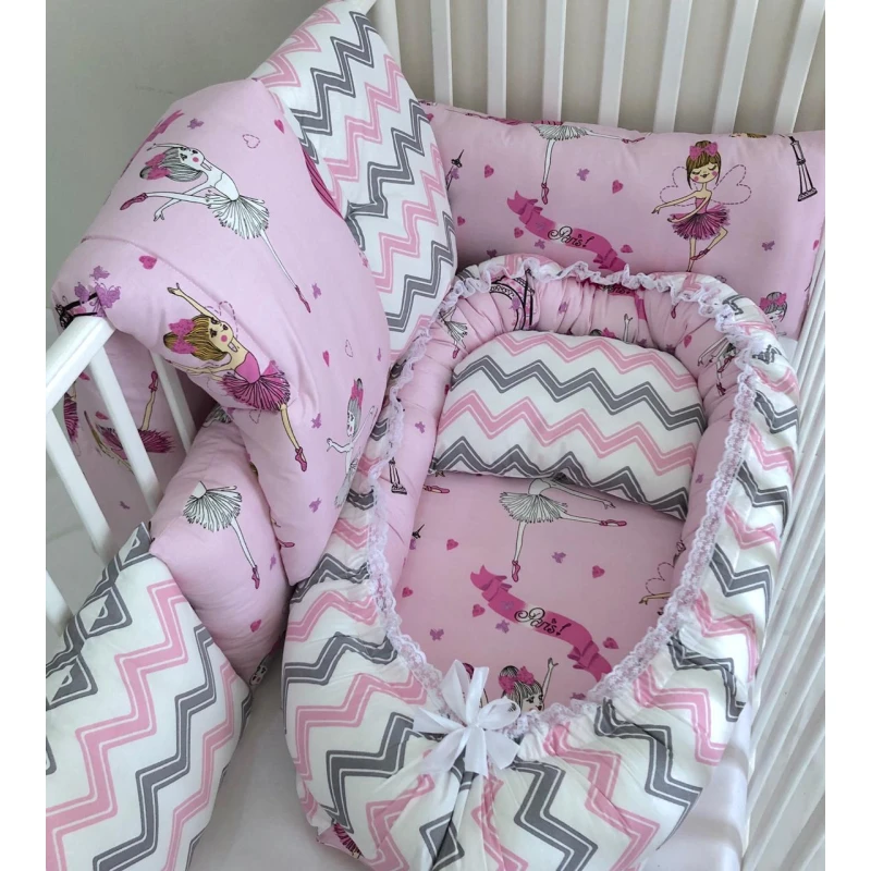 Anett Newborn Baby Bedding Set, Ballerina with Chevron Pattern, Pink & Grey - أنيت