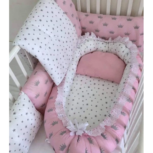 Anett Newborn Baby Bedding Set, Crowns, Pink & Grey Anett Newborn Baby Bedding Set, Crowns, Pink & Grey