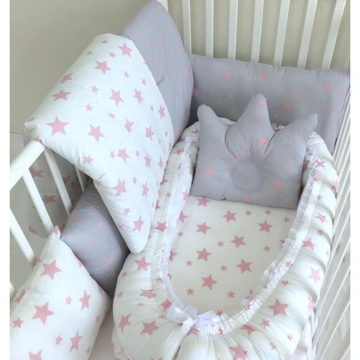 Anett Newborn Baby Bedding Set, Pink Stars, White & Grey Anett Newborn Baby Bedding Set, Pink Stars, White & Grey