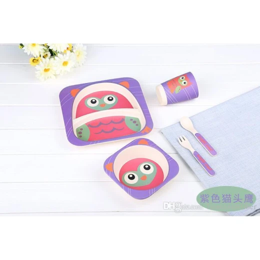 Bamboo Fiber Kids Feeding Set, Eco Friendly, Toxic Free, Purple Owl - بامبو فايبر - Image 7