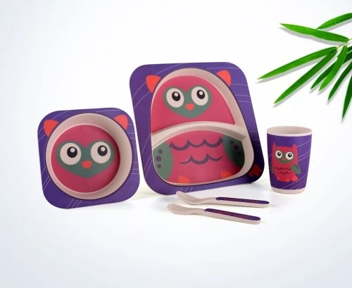 Bamboo Fiber Kids Feeding Set, Eco Friendly, Toxic Free, Purple Owl - بامبو فايبر - Image 3