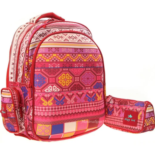 Glossy Bird Set of School Backpack with Orthopedic Back, Pink with Patterns, 45 cm Glossy Bird Set of School Backpack with Orthopedic Back, Pink with Patterns, 45 cm