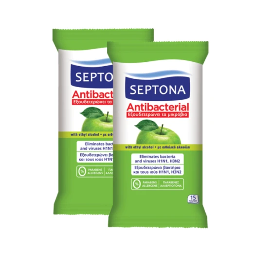 Septona Antibacterial Hand Wipes with Green Apple Fragrance, 15 Pieces X2 Packs Septona Antibacterial Hand Wipes with Green Apple Fragrance, 15 Pieces X2 Packs