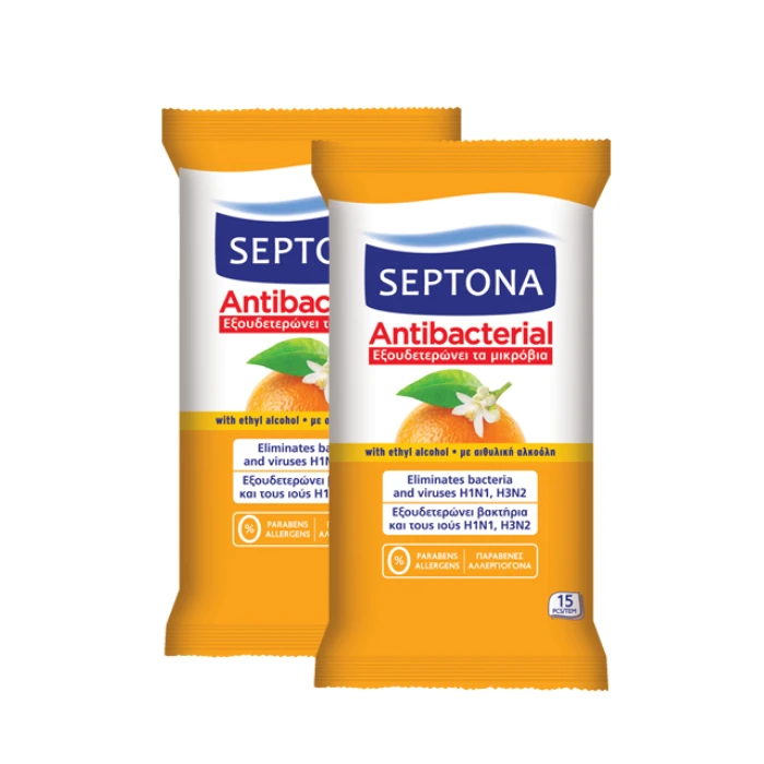Septona Antibacterial Hand Wipes with Orange Blossom Fragrance, 15 Pieces X2 Packs - سيبتونا