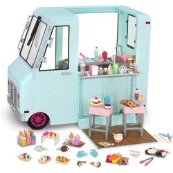 Our Generation Sweet Stop Ice Cream Truck Playset Includes 15+ Accessories 2 Dolls & Pretend Food for Kids Ages 3+ Perfect Gift for Hours of Fun Imaginative Play