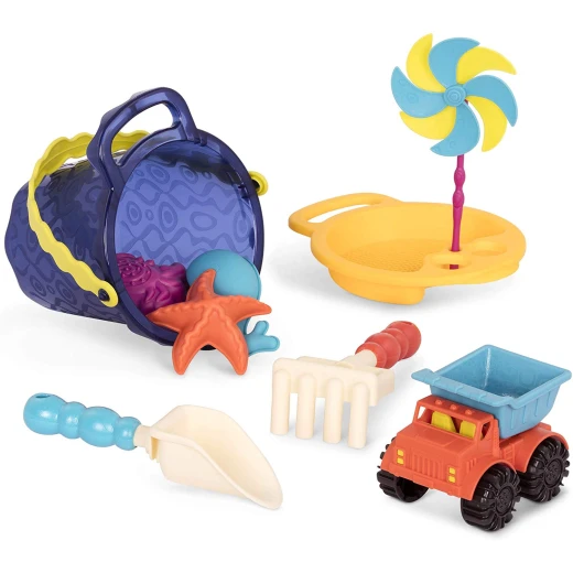 B. toys – Sands Ahoy – Beach Playset - Medium Bucket Set (Navy) with 9 Unique Sand & Water Toys - بي. تويز - Image 3