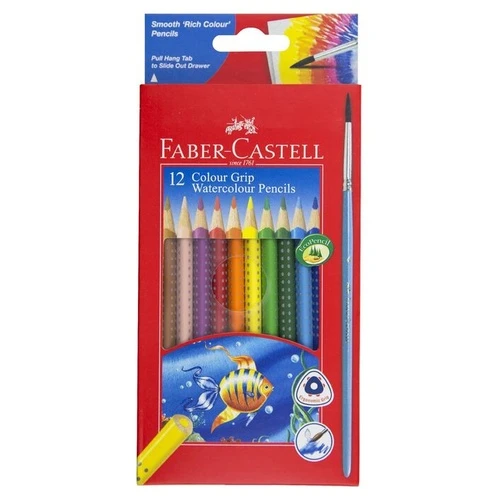Faber Castell 12 Colour Grip + Brush, Watercolour Pencils