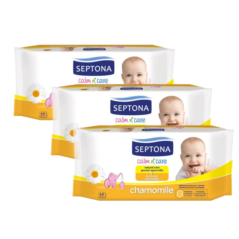 Septona Baby Wipes Chamomile, 64 Pieces X3 Packs - سيبتونا