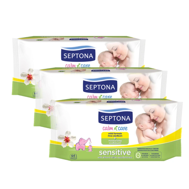 Septona Baby Wipes Sensitive Package, 64 pcs X 3 packs - سيبتونا