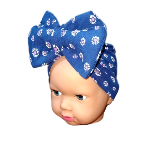 Baby Turban Headband, Navy Blue with White Flowers