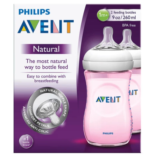 Philips Avent Natural Baby Bottle Slow Flow Teat 260 ml Pink, Pack of 2 Philips Avent Natural Baby Bottle Slow Flow Teat 260 ml Pink, Pack of 2