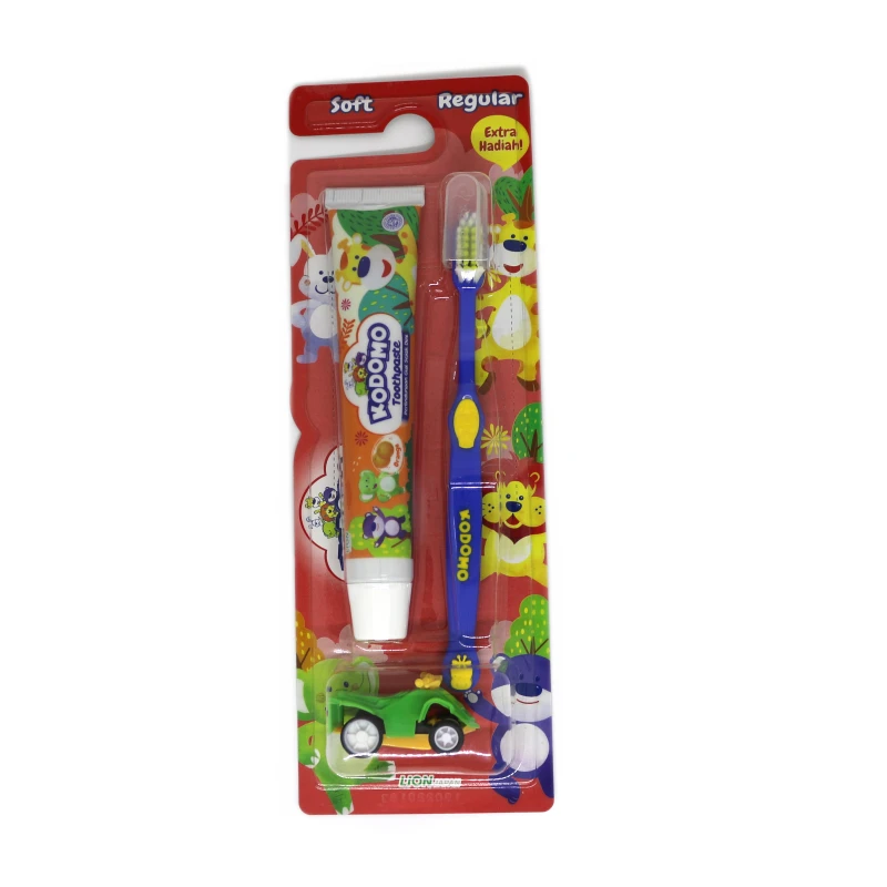 Kodomo 2 in 1 Zig Zag Brush and Toothpaste with Free Small Gift, Blue - Kodomo