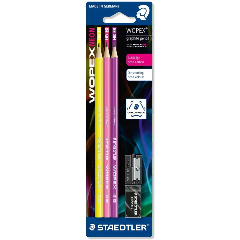 Staedtler Wopex Neon HB Premium Quality Pencil Set Pack of 3 with Sharpener and Eraser - ستدلر