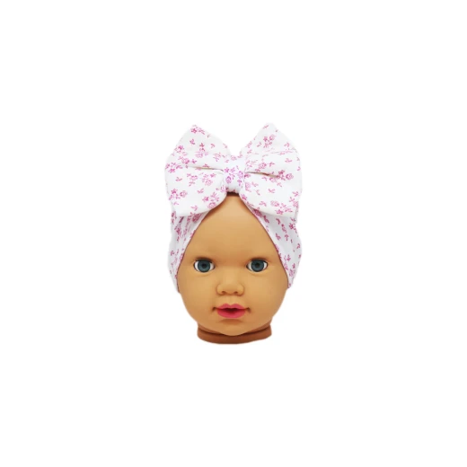 Baby Turban Headband, White with Pink Flowers