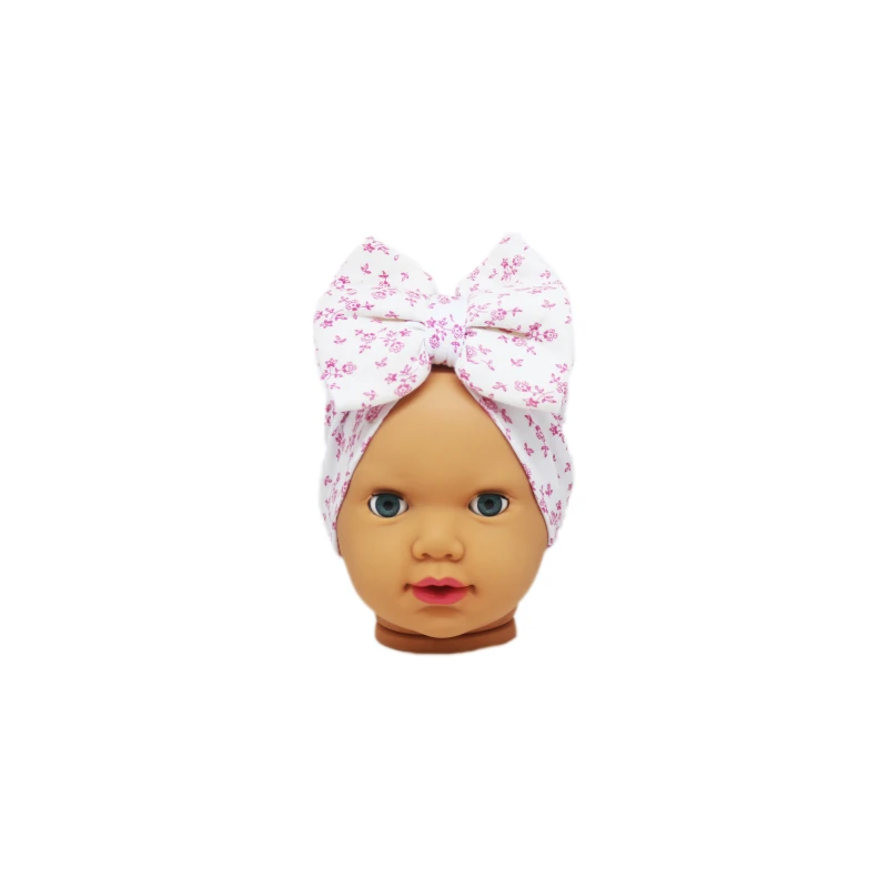 Baby Turban Headband, White with Pink Flowers