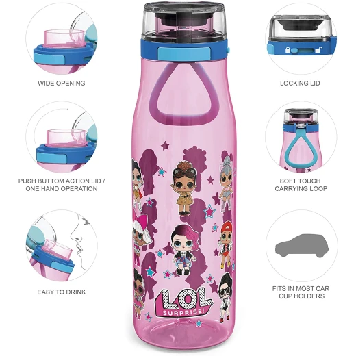 Zak Designs L.O.L. Surprise Plastic Water Bottle with Push Button Action, 25oz, Pink - زاك ديزاينز - Image 3