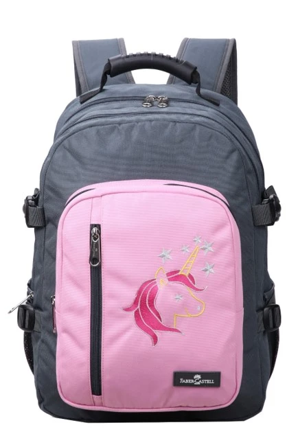 Faber-Castell Wanderer Bag 3 Compt Backpack, Dark Grey&Pink Unicorn - فابر كاستل