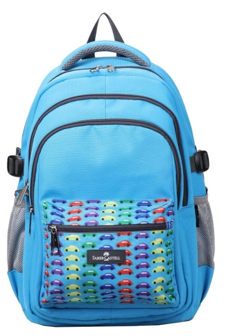 Faber-Castell School Bag 4 Compt Backpack, Light Blue Cars - فابر كاستل