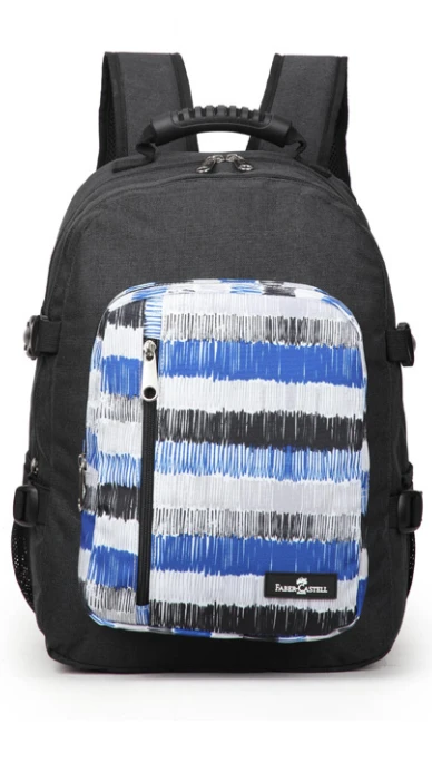 Faber-Castell The Wanderer School 3 Compt Backpack,Black & Blue strips - فابر كاستل