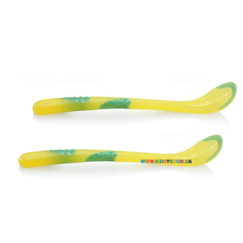 Nuby Patented Angled Hot Safe™ Spoon +6 months, 2 pieces - أصفر - نوبي