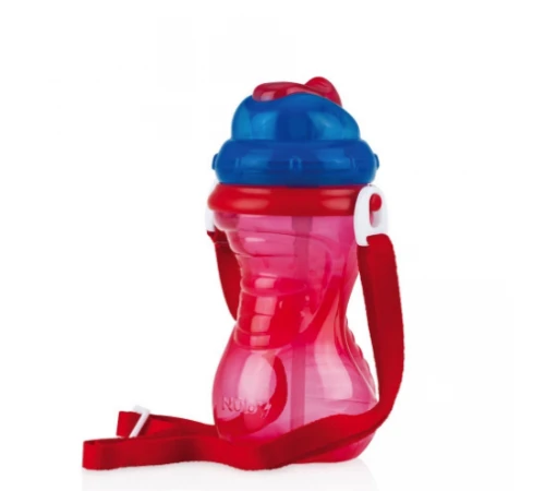 Nuby Flip-It Straw Cup With Strap - Red, 420ml - نوبي