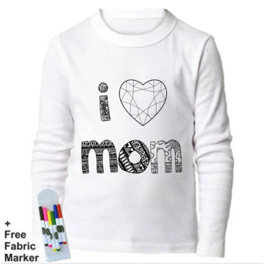 بلوزة ذات أكمام طويلة للتلوين  بتصميم جملة أنا أحب أمي باللغة الإنجليزية للأطفال من ملبس