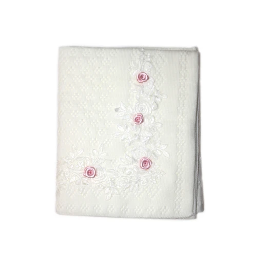 White Triko Blanket with Lace, with Pink Flower White Triko Blanket with Lace, with Pink Flower