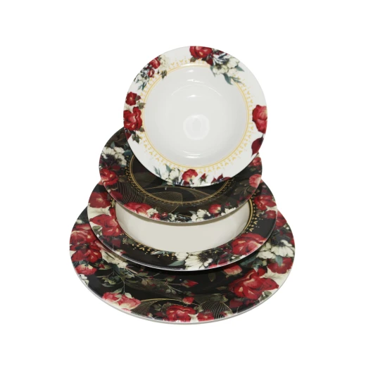 Glass Plates Set Designed with Red Flowers, 24 pieces