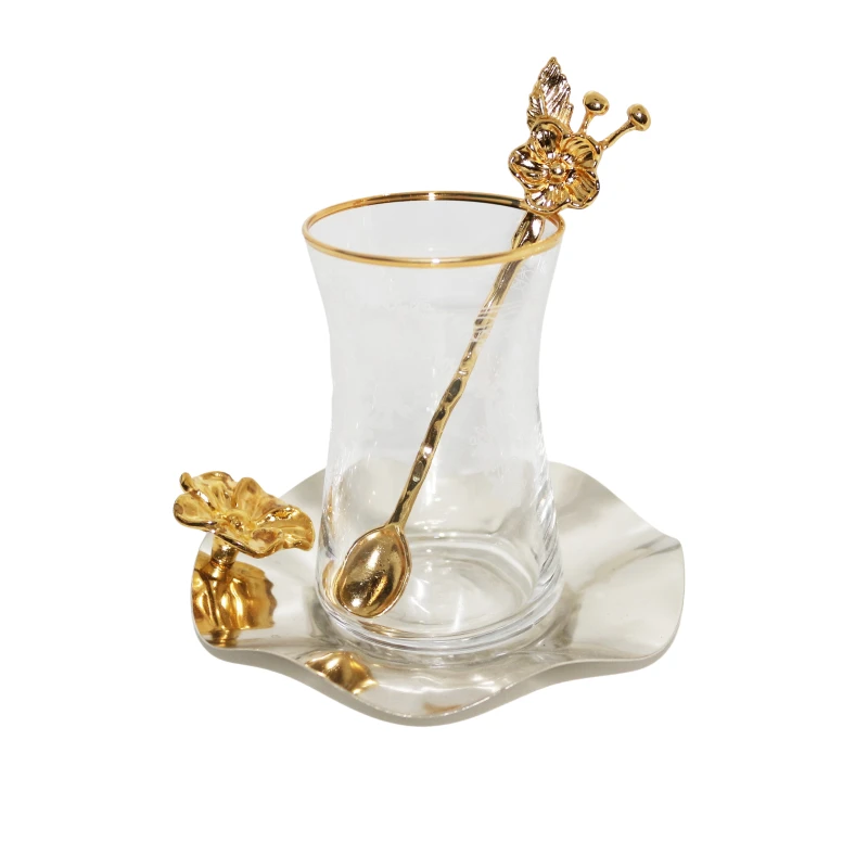 Set of Turkish Tea Glass with Gold Spoons, 18 pcs, Silver