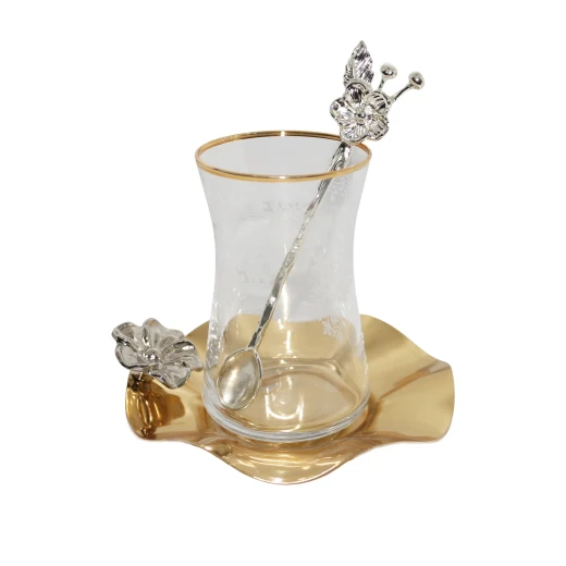 Set of Turkish Tea Glass with Gold Spoons, 18 pcs, Gold