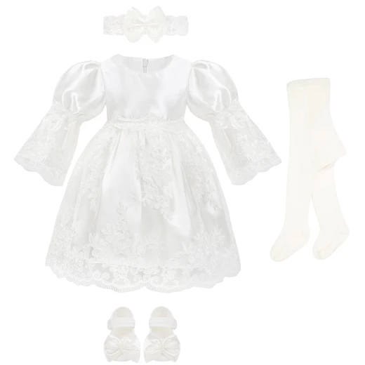 Little Princess 4 pieces Long Sleeves Dress Set for 3-6 months Girl, White - Image 3