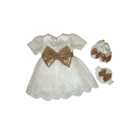 Little Princess 4 pieces Dress Set for 0-3 months Girl, White & Gold - Image 3