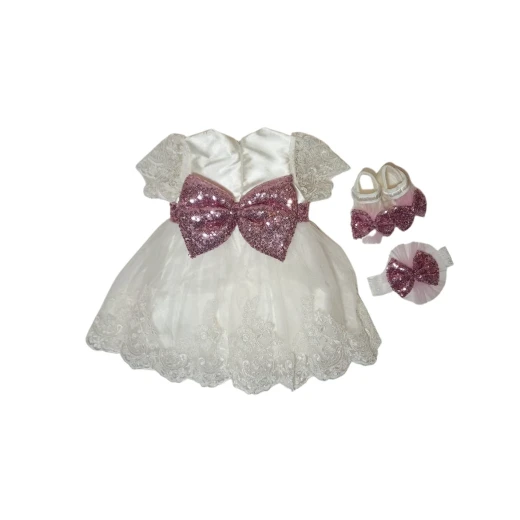 Little Princess 4 pieces Dress Set for 0-3 months Girl, White & Pink - Image 2