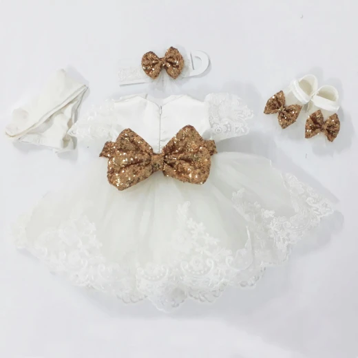 Little Princess 4 pieces Dress Set for 0-3 months Girl, White & Gold - Image 2