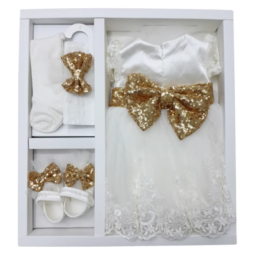Little Princess 4 pieces Dress Set for 0-3 months Girl, White & Gold Little Princess 4 pieces Dress Set for 0-3 months Girl, White & Gold