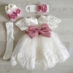 Little Princess 4 pieces Dress Set for 0-3 months Girl, White & Pink