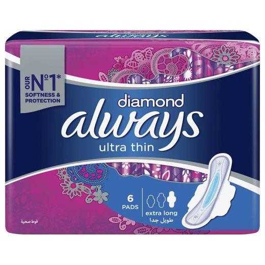 Always Diamond Ultra Thin Extra Long Sanitary Pads With Wings - 6 Pieces Always Diamond Ultra Thin Extra Long Sanitary Pads With Wings - 6 Pieces