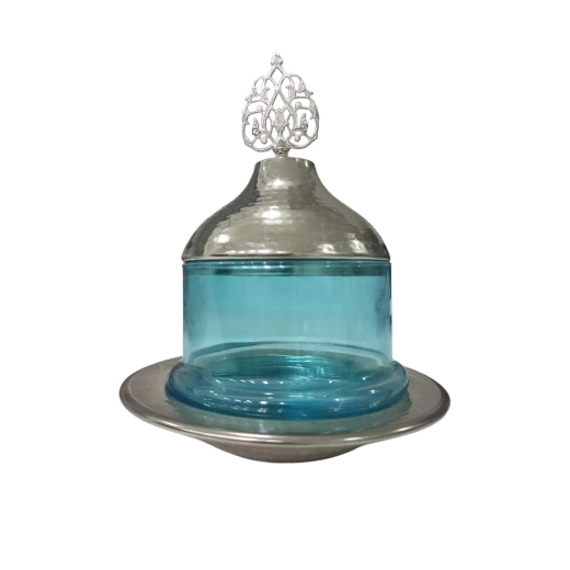 Mid 19th Century Silver Plated Candy Bowl with Blue Lid Glass Vase Mid 19th Century Silver Plated Candy Bowl with Blue Lid Glass Vase
